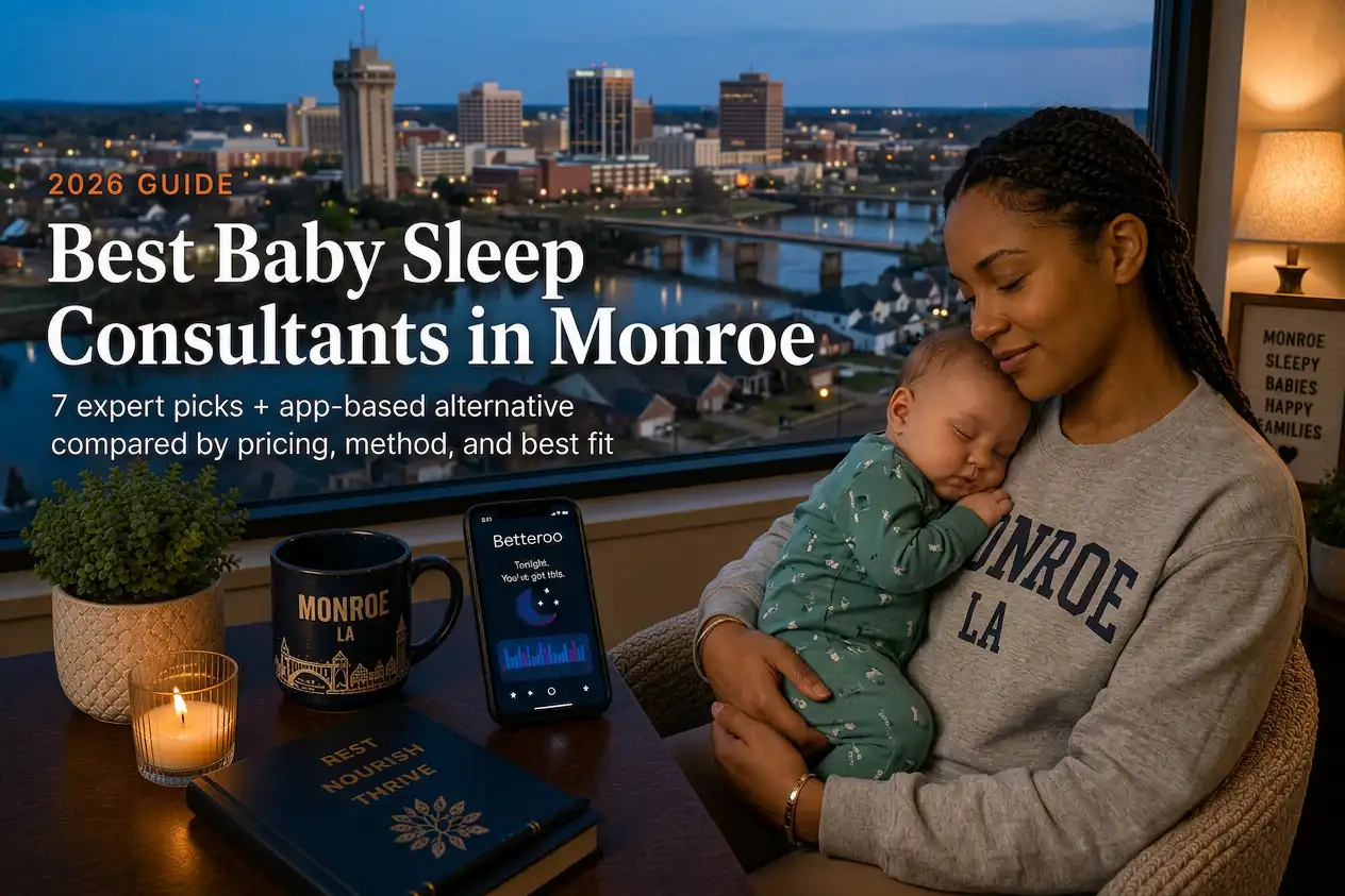 Best baby sleep consultants in Monroe guide, a mother cradling her sleeping baby above the dusk Ouachita River