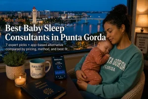 Mother holding sleeping baby at dusk researching baby sleep consultants in Punta Gorda above Charlotte Harbor and the bridge