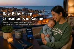 Racine Wisconsin lighthouse harbor at dusk behind a mother holding her sleeping baby, baby sleep consultants in Racine
