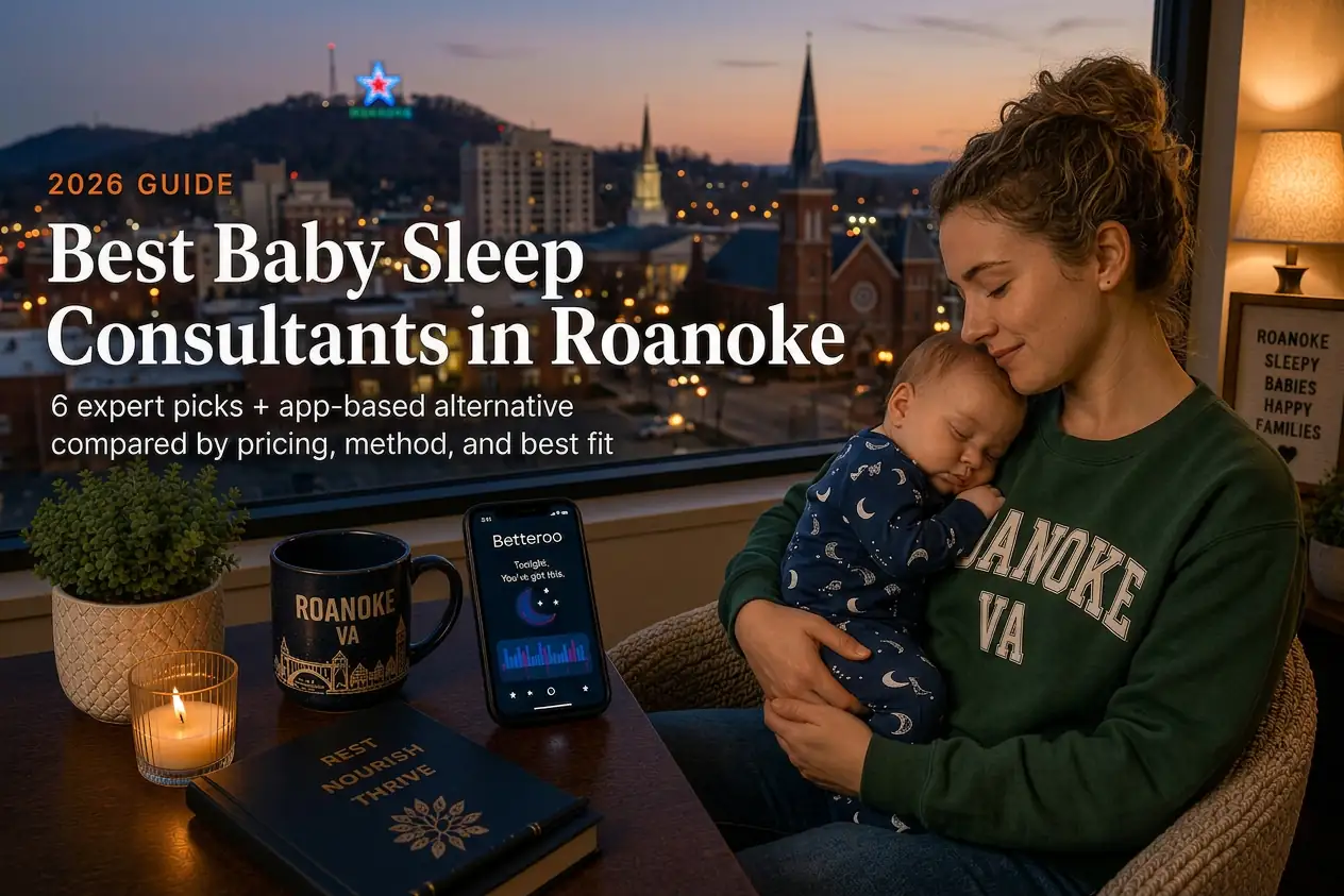 A mother holds her sleeping baby by a window overlooking the Roanoke Virginia skyline and Mill Mountain star at dusk, illustrating baby sleep consultants in Roanoke, Virginia.