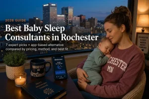 Mother holding a sleeping baby by a window over the Mayo Clinic towers, baby sleep consultants in Rochester