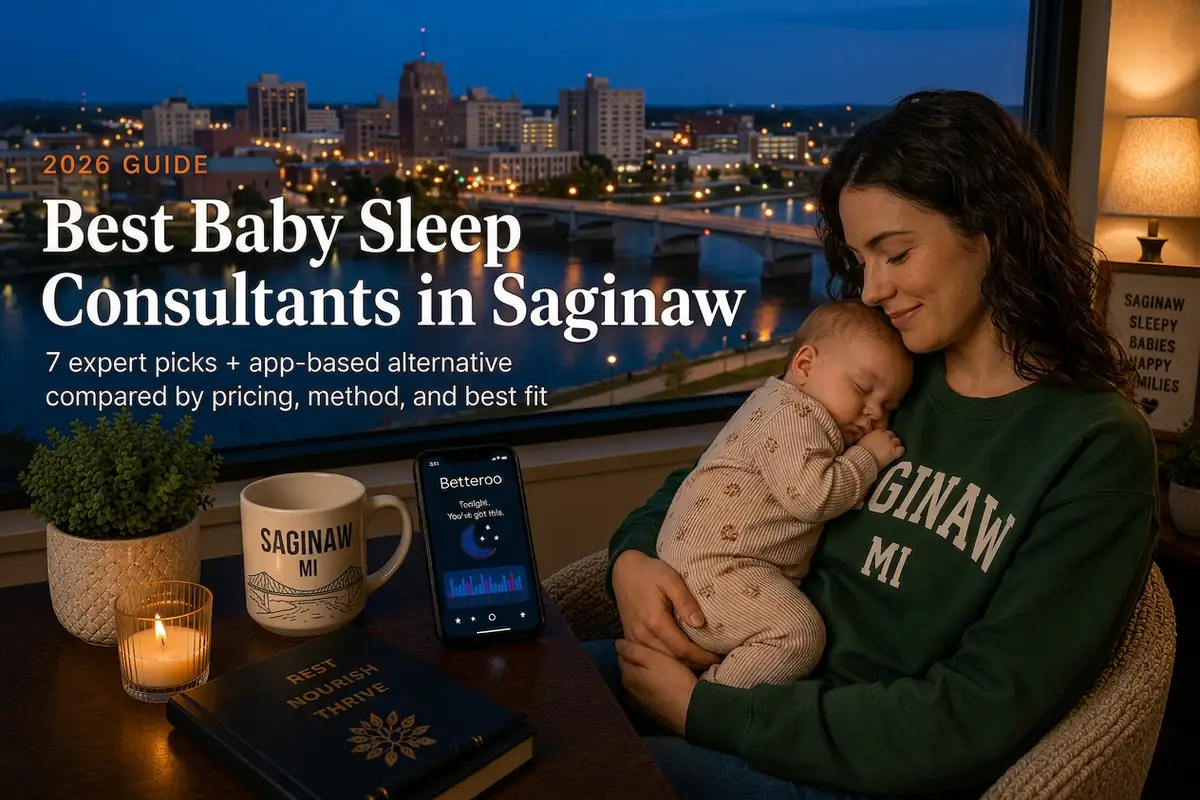 Saginaw Michigan river bridge at dusk behind a mother holding her sleeping baby, baby sleep consultants in Saginaw