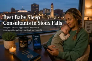 A mother holds her sleeping baby by a window overlooking the Sioux Falls South Dakota skyline at dusk, illustrating baby sleep consultants in Sioux Falls, South Dakota.