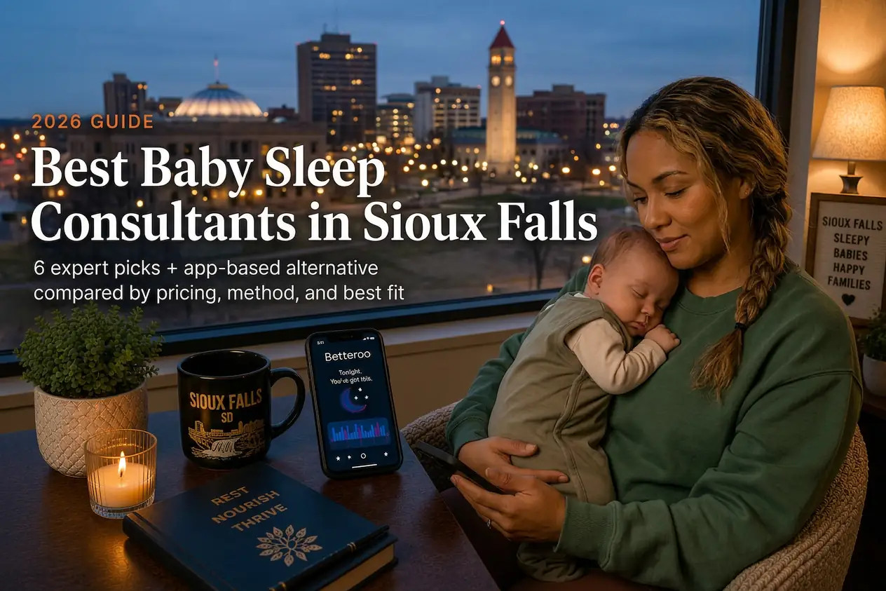 A mother holds her sleeping baby by a window overlooking the Sioux Falls South Dakota skyline at dusk, illustrating baby sleep consultants in Sioux Falls, South Dakota.