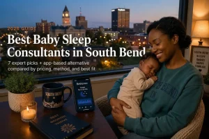 A mother holds her sleeping baby by a window overlooking the South Bend Indiana skyline at dusk, illustrating baby sleep consultants in South Bend, Indiana.