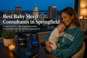 Best baby sleep consultants in Springfield guide, a mother holding her sleeping baby above the lit Capitol dome