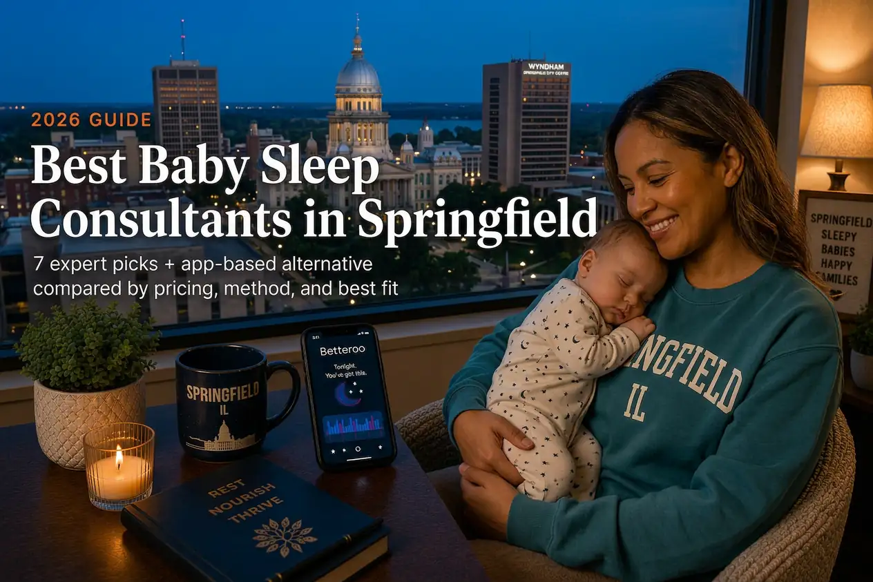 Best baby sleep consultants in Springfield guide, a mother holding her sleeping baby above the lit Capitol dome