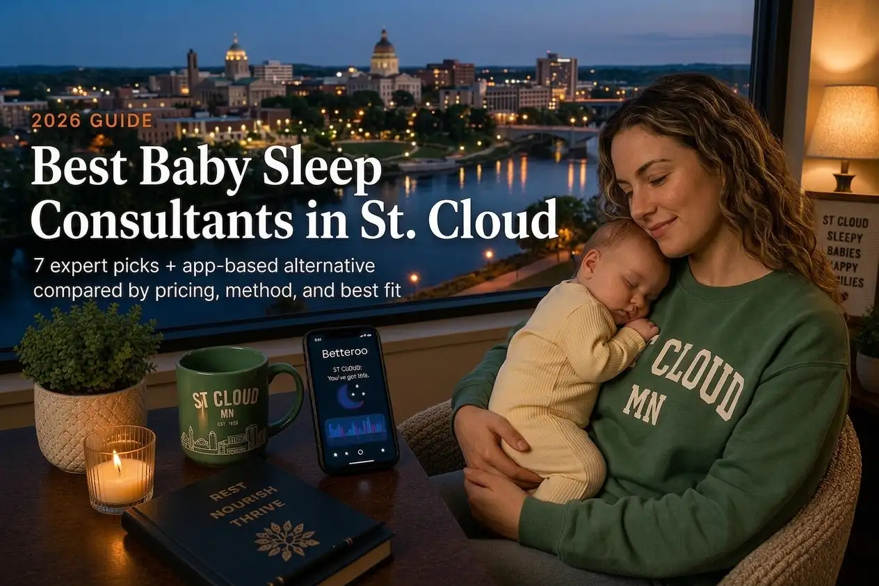 Top 7 Best Baby Sleep Consultants in St Cloud Mn 2026 | Betteroo Best baby sleep consultants in St. Cloud guide, a mother cradling her sleeping baby above the dusk Mississippi