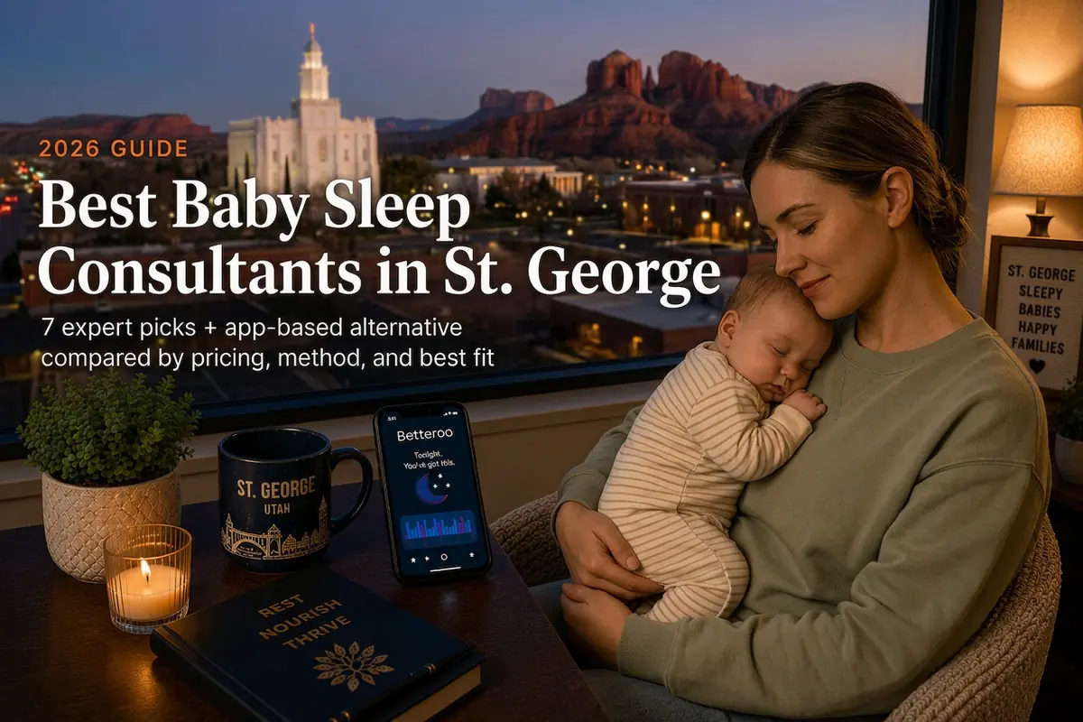 Mother holding sleeping baby at dusk researching baby sleep consultants in St. George beneath southern Utah red rock cliffs