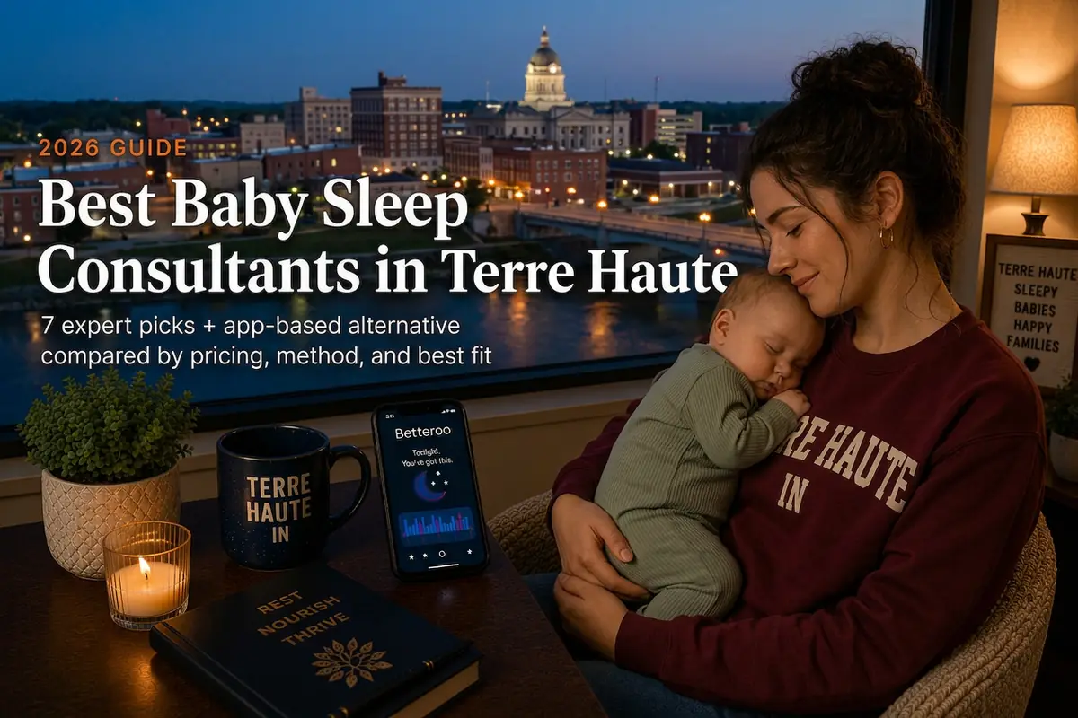 Terre Haute Indiana courthouse dome behind a mother holding her sleeping baby, baby sleep consultants in Terre Haute