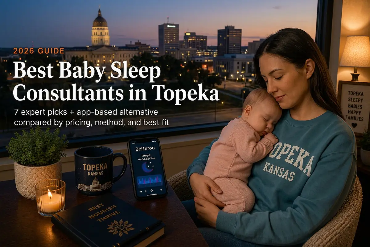 A tired mother holding a sleeping baby by a window at dusk in Topeka, illustrating a 2026 guide to the best baby sleep consultants in Topeka