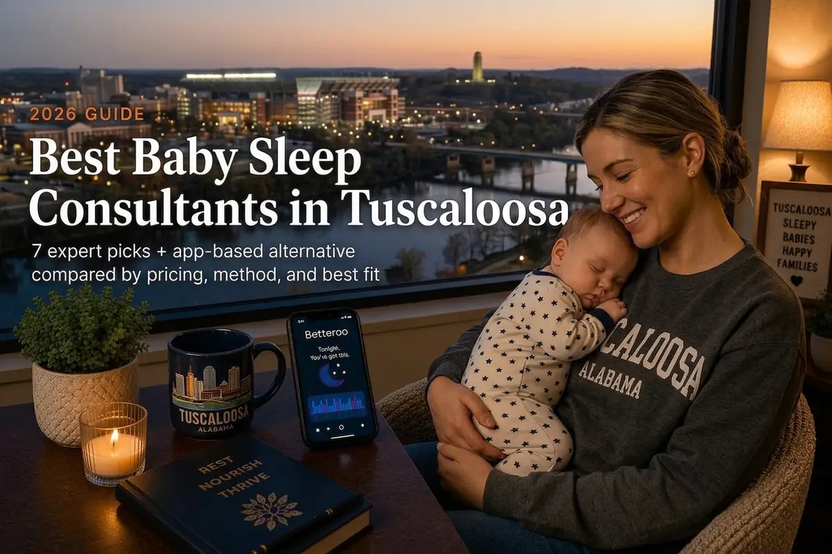 A tired mother holding a sleeping baby by a window at dusk in Tuscaloosa, illustrating a 2026 guide to the best baby sleep consultants in Tuscaloosa