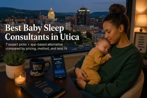Mother holding a sleeping baby at dusk, best baby sleep consultants in Utica, New York, valley skyline behind.