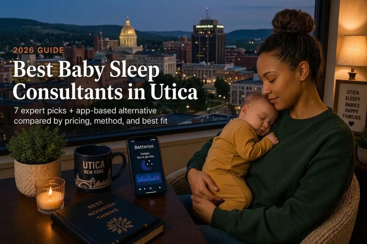 Top 7 Best Baby Sleep Consultants in Utica Ny 2026 | Betteroo Mother holding a sleeping baby at dusk, best baby sleep consultants in Utica, New York, valley skyline behind.