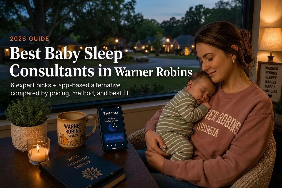 Mother holding sleeping baby at dusk researching baby sleep consultants in Warner Robins near Robins Air Force Base neighborhoods