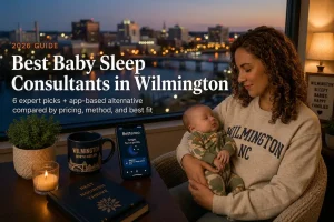 Woman sitting in a cozy room at dusk, cradling a sleeping baby on her lap with a city skyline seen through the window and a desk setup in front; large text reads 'Best Baby Sleep Consultants in Wilmington'.