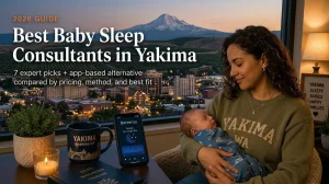 Best Baby Sleep Consultants in Yakima Wa 2026 | Betteroo Mother holding a sleeping baby by a window, guide to the best baby sleep consultants in Yakima with the Yakima skyline at dusk