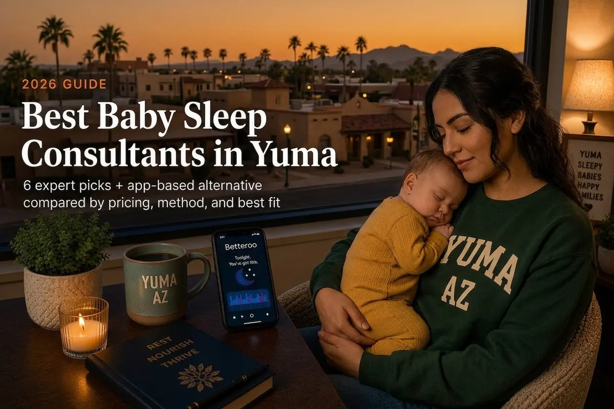Yuma Arizona palms at desert sunset behind a mother holding her sleeping baby, baby sleep consultants in Yuma