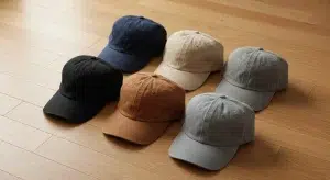 Collection of washed cotton dad hats in neutral colors on a wood floor