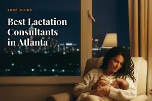 Mother feeding her baby at home in the evening, illustrating a guide to the best lactation consultants in Atlanta