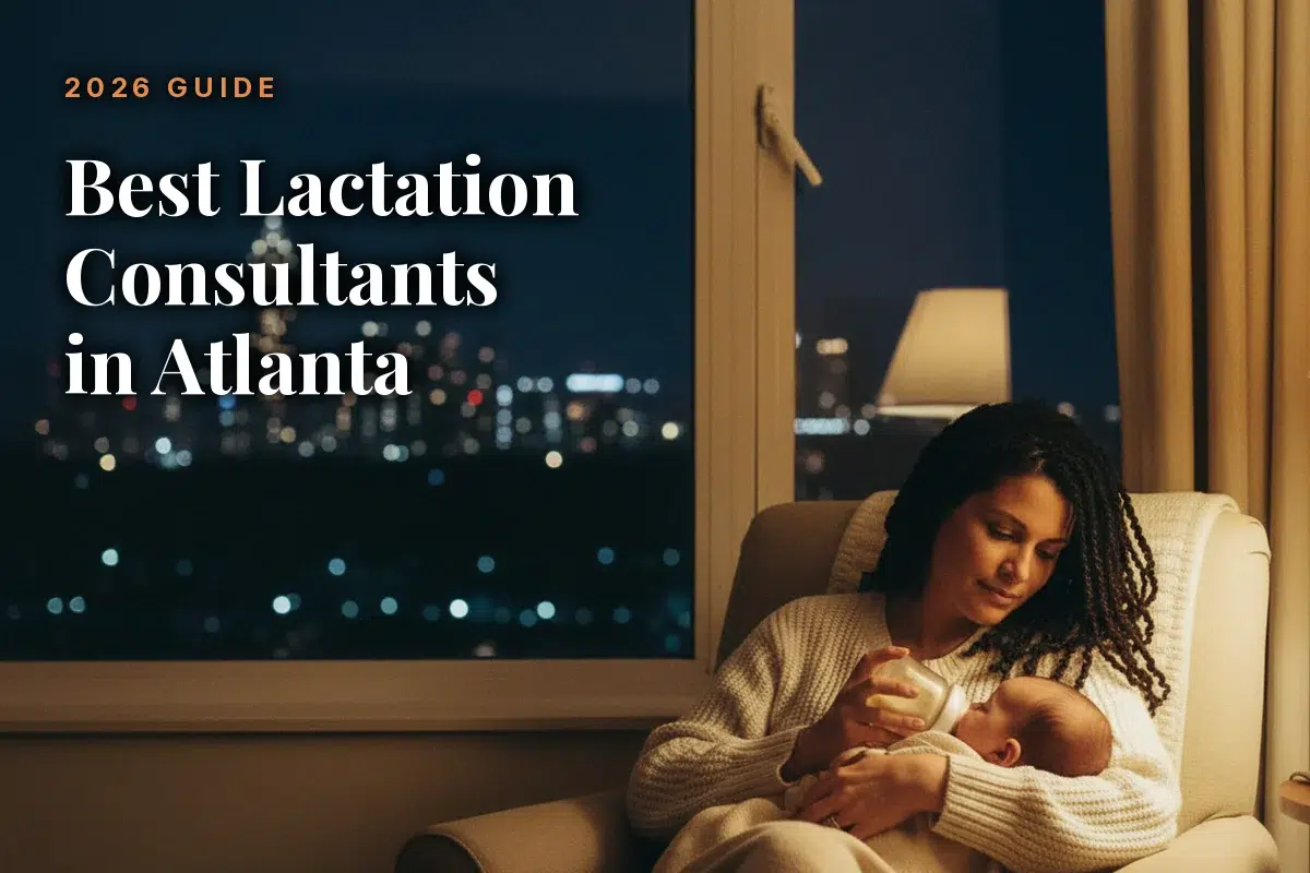 Mother feeding her baby at home in the evening, illustrating a guide to the best lactation consultants in Atlanta