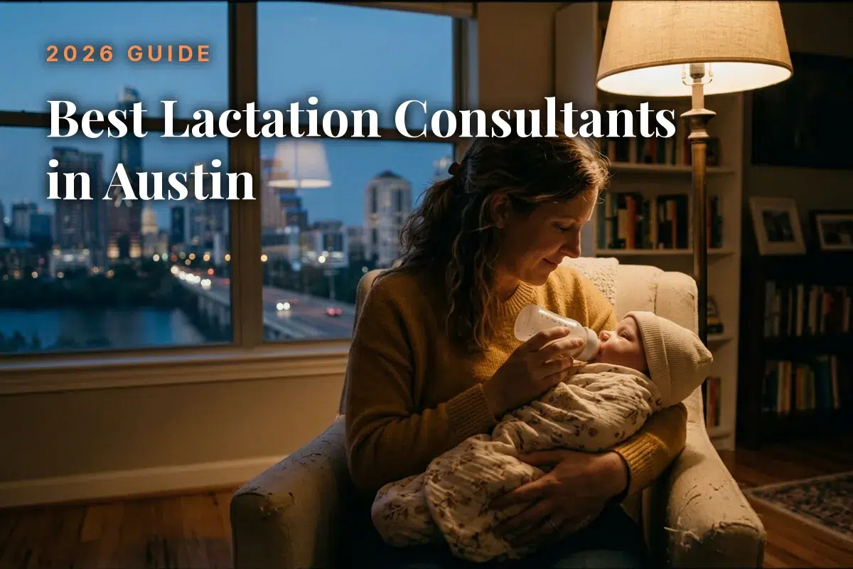 Mother feeding her baby by an evening window with the Austin skyline, cover image for the best lactation consultants in Austin guide