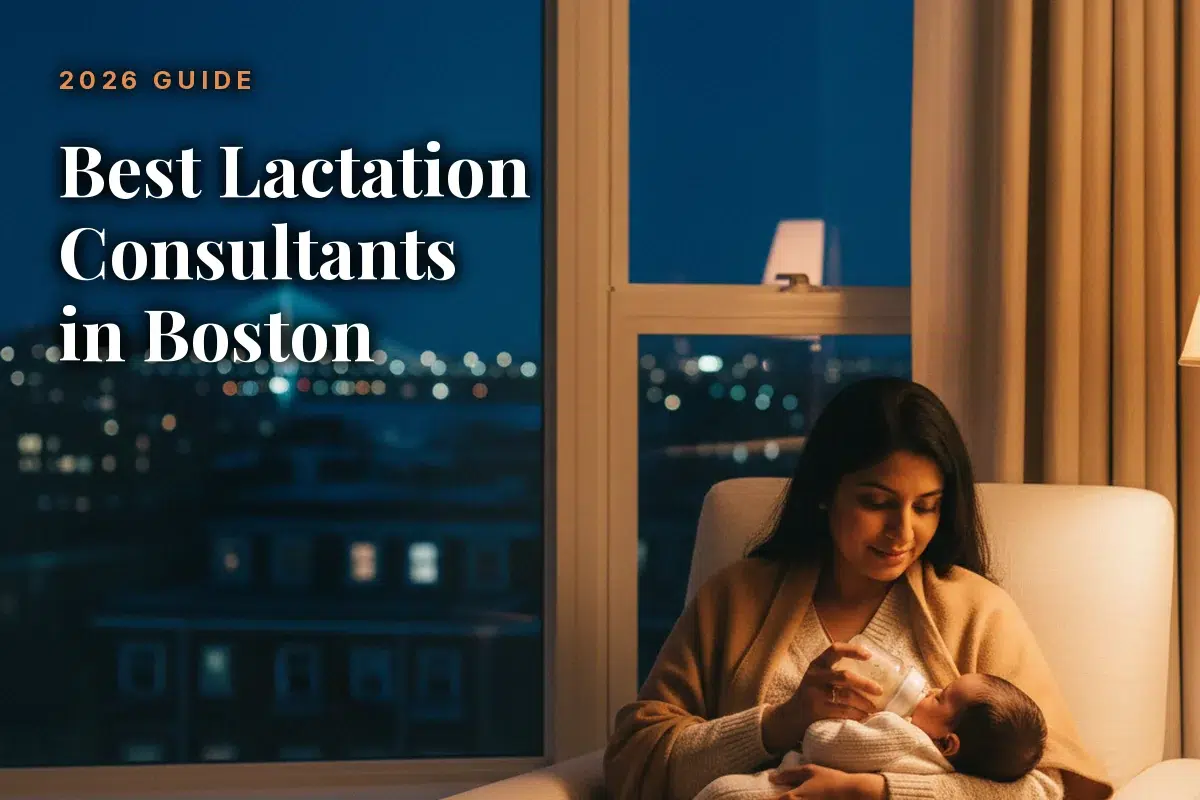 Mother feeding her baby at home in the evening, illustrating a guide to the best lactation consultants in Boston