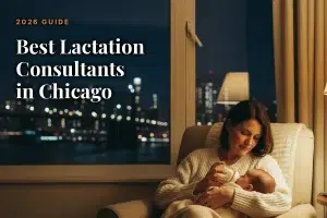Mother feeding her baby at home in the evening, illustrating a guide to the best lactation consultants in Chicago