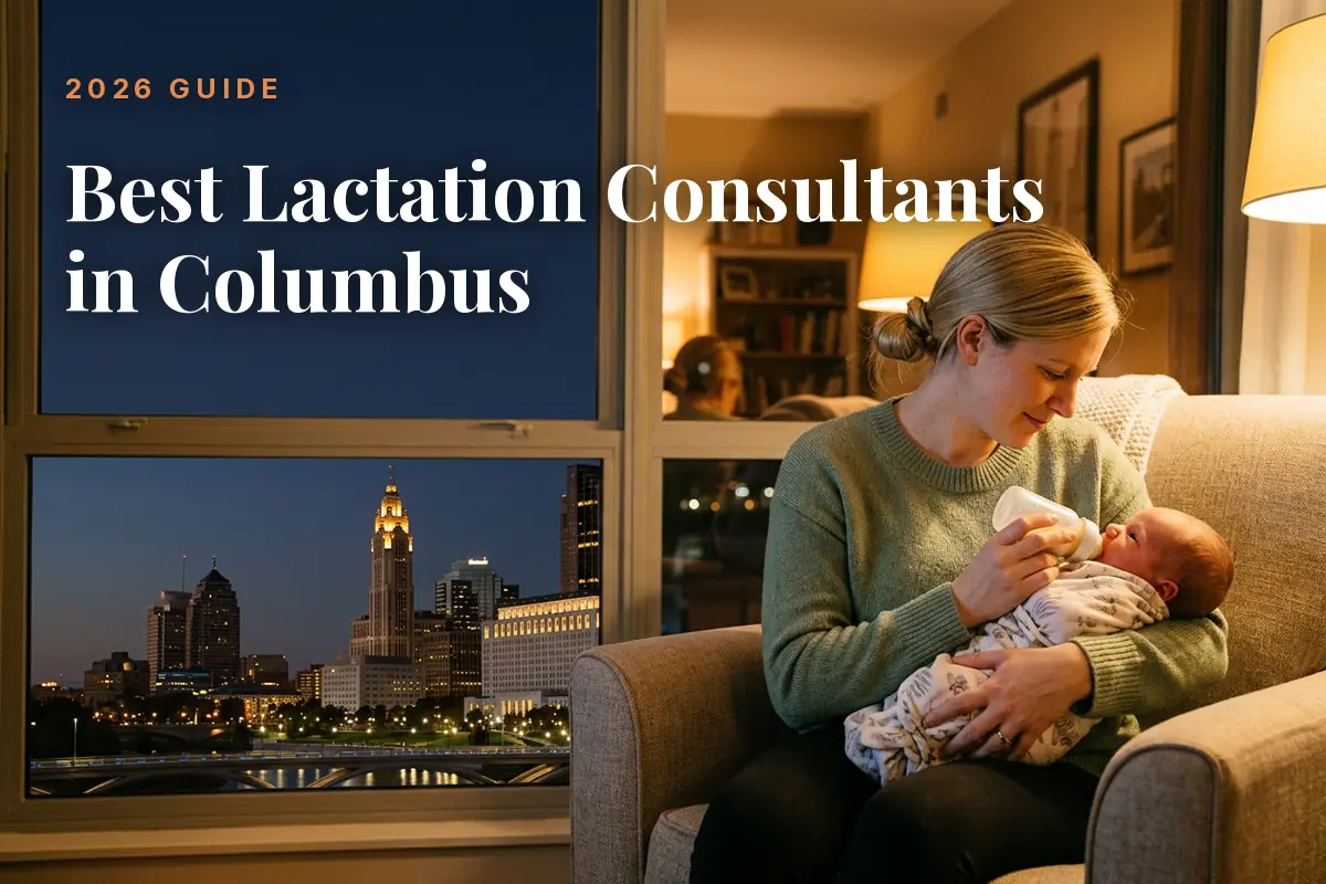 Best lactation consultants in Columbus 2026 guide cover, mother feeding her baby beside a window with the Columbus skyline at night