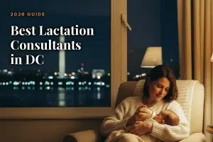 Mother feeding her baby at home in the evening, illustrating a guide to the best lactation consultants in DC
