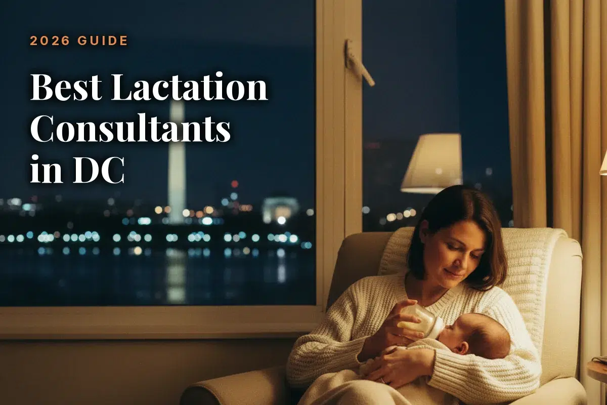 Mother feeding her baby at home in the evening, illustrating a guide to the best lactation consultants in DC
