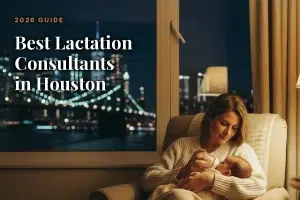 Mother feeding her baby at home in the evening, illustrating a guide to the best lactation consultants in Houston