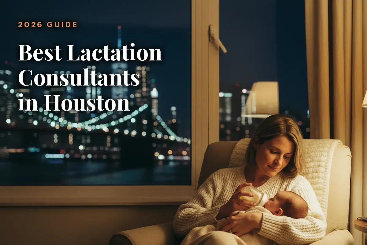 Mother feeding her baby at home in the evening, illustrating a guide to the best lactation consultants in Houston