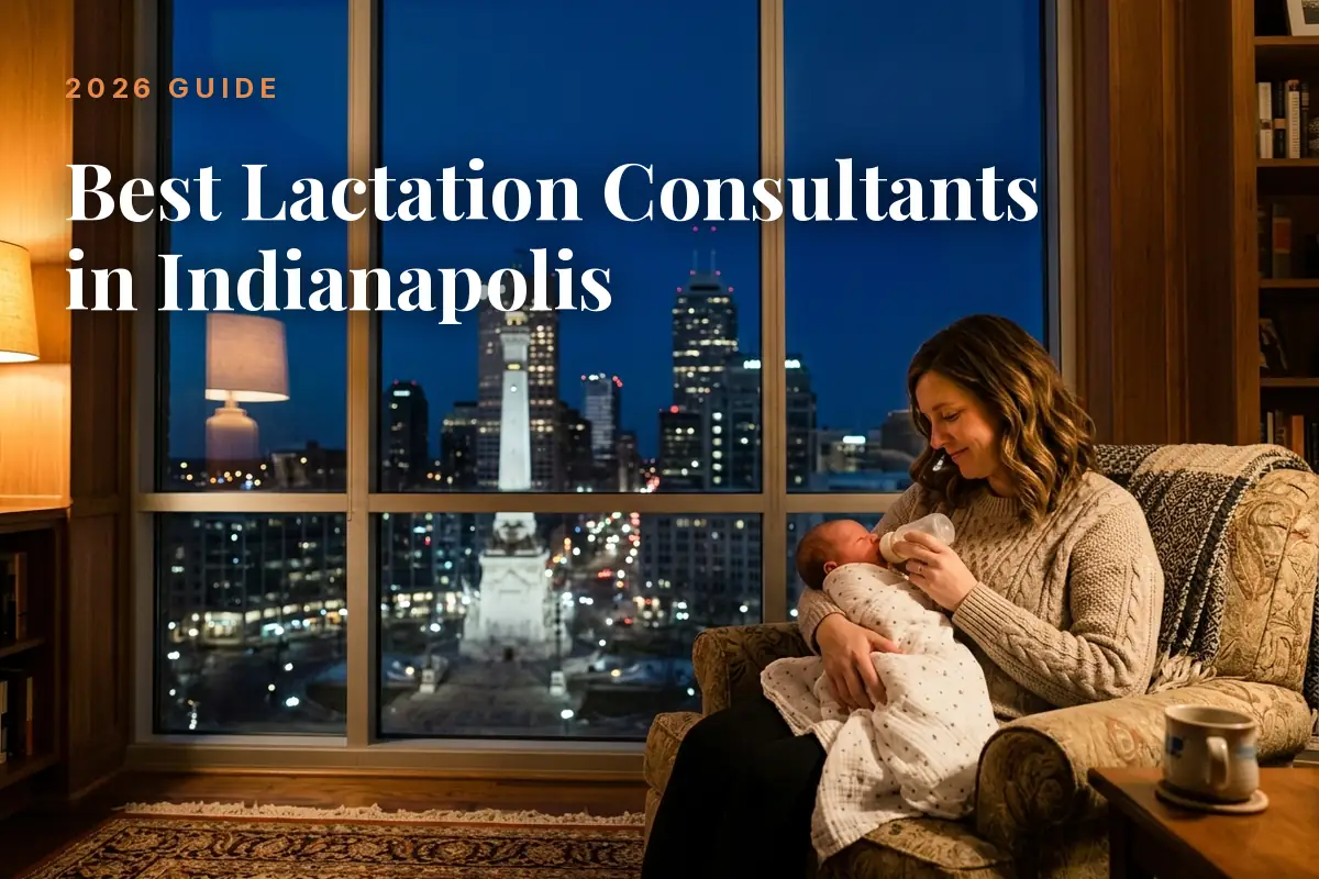 Best lactation consultants in Indianapolis 2026 guide cover, mother feeding her baby beside a window with the Indianapolis skyline at night