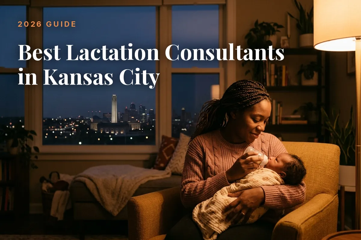 Best lactation consultants in Kansas City 2026 guide cover, mother feeding her baby beside a window with the Kansas City skyline at night