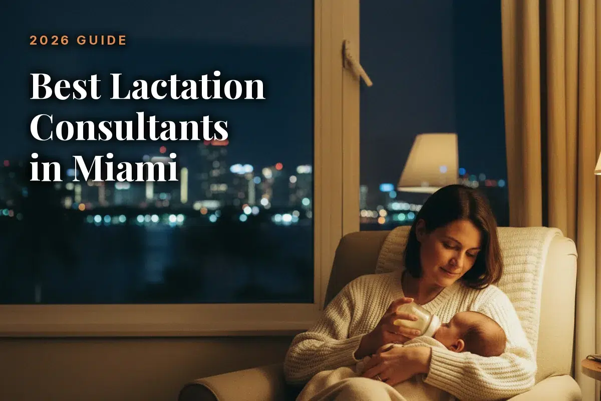 Mother feeding her baby at home in the evening, illustrating a guide to the best lactation consultants in Miami