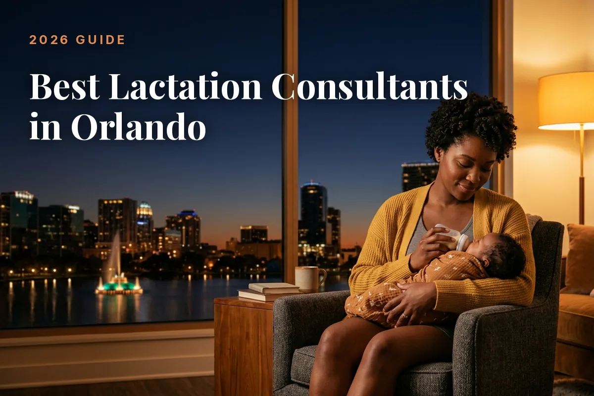 Best lactation consultants in Orlando 2026 guide cover, mother feeding her baby beside a window with the Orlando skyline at night