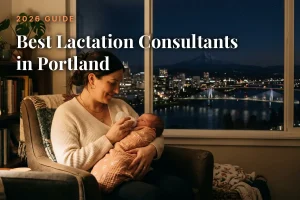 Mother feeding her baby by an evening window with the Portland skyline, cover image for the best lactation consultants in Portland guide