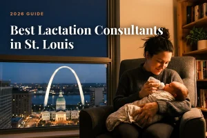 Best lactation consultants in St. Louis 2026 guide cover, mother feeding her baby beside a window with the St. Louis skyline at night