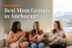 Three moms with babies at a mom group meetup in Anchorage, AK, from a guide to the best mom groups in Anchorage
