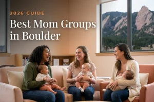 Best mom groups in Boulder, CO: three moms holding their babies at a Boulder new-parent meetup
