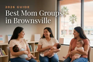 Best mom groups in Brownsville, TX: three moms holding their babies at a Brownsville new-parent meetup