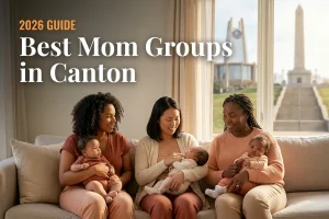 Three moms with babies at a mom group meetup in Canton, OH, from a guide to the best mom groups in Canton