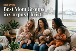 Best mom groups in Corpus Christi, TX with three moms holding babies
