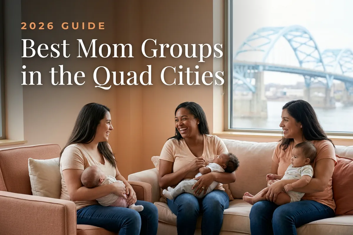 Best mom groups in the Quad Cities, IA: three moms holding their babies at a the Quad Cities new-parent meetup