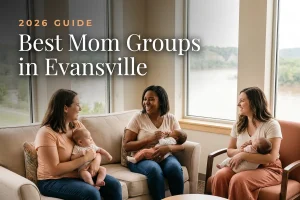 Best Mom Groups in Evansville | Betteroo Best mom groups in Evansville, IN: three moms holding their babies at a Evansville new-parent meetup