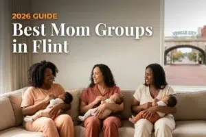 Three moms with babies at a mom group meetup in Flint, MI, from a guide to the best mom groups in Flint