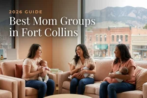 Best mom groups in Fort Collins, CO: three moms holding their babies at a Fort Collins new-parent meetup