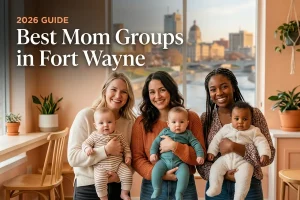 Best mom groups in Fort Wayne, IN with three moms holding babies