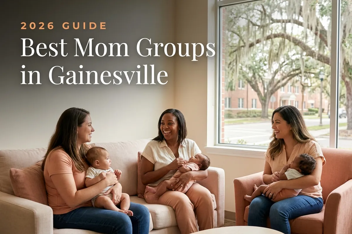 Best mom groups in Gainesville, FL: three moms holding their babies at a Gainesville new-parent meetup